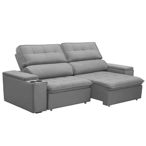 Sofá Retrátil E Reclinável 3 Lugares 210cm Zoho Porta Copos No Braço Veludo Cinza G22 - Gran Belo
