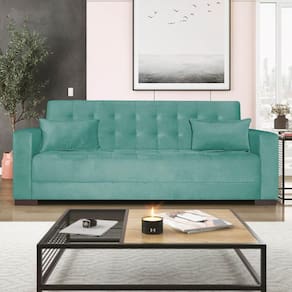 Sofá Cama 3 Lugares Jobim Suede - Doce Sonho Móveis Azul Tiffany
