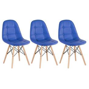 Kit - 3 X Cadeiras Estofadas Eames Eiffel Botonê - Base De Madeira Clara - Azul