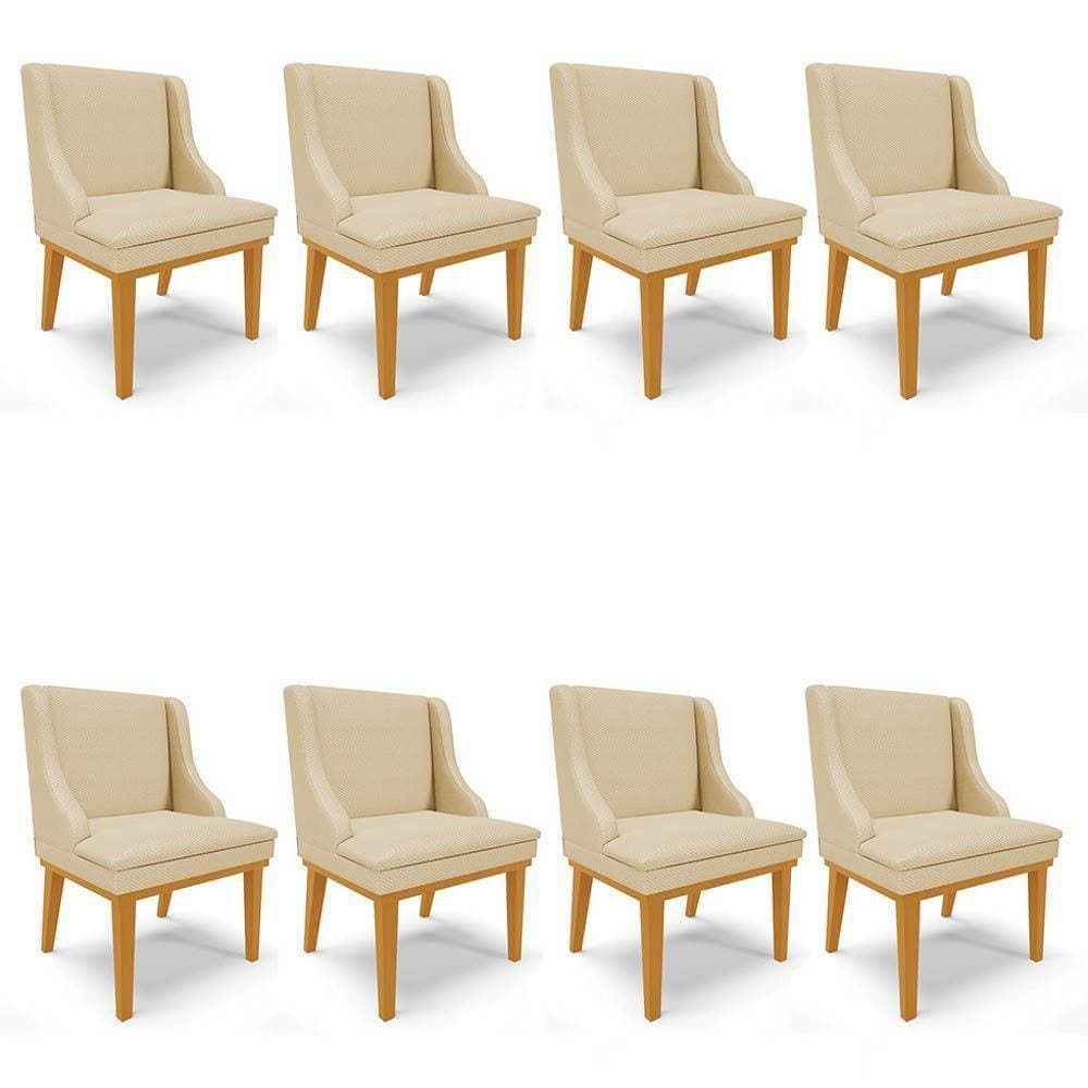 Kit 8 Cadeiras Estofadas Para Sala De Jantar Base Fixa De Madeira Castanho Lia Veludo Off White