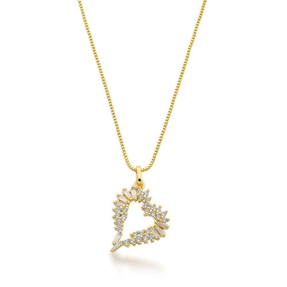 Colar Coração Cravejado Zirconias Cristais Banhado Ouro 18k - 45cm