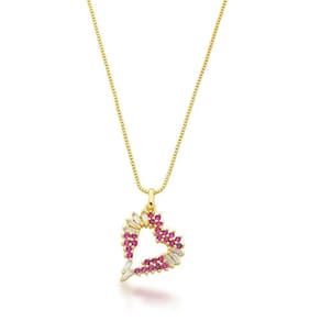 Colar Coração Com Zirconias Vermelhas E Cristais Banhadas A Ouro 18k - 45cm