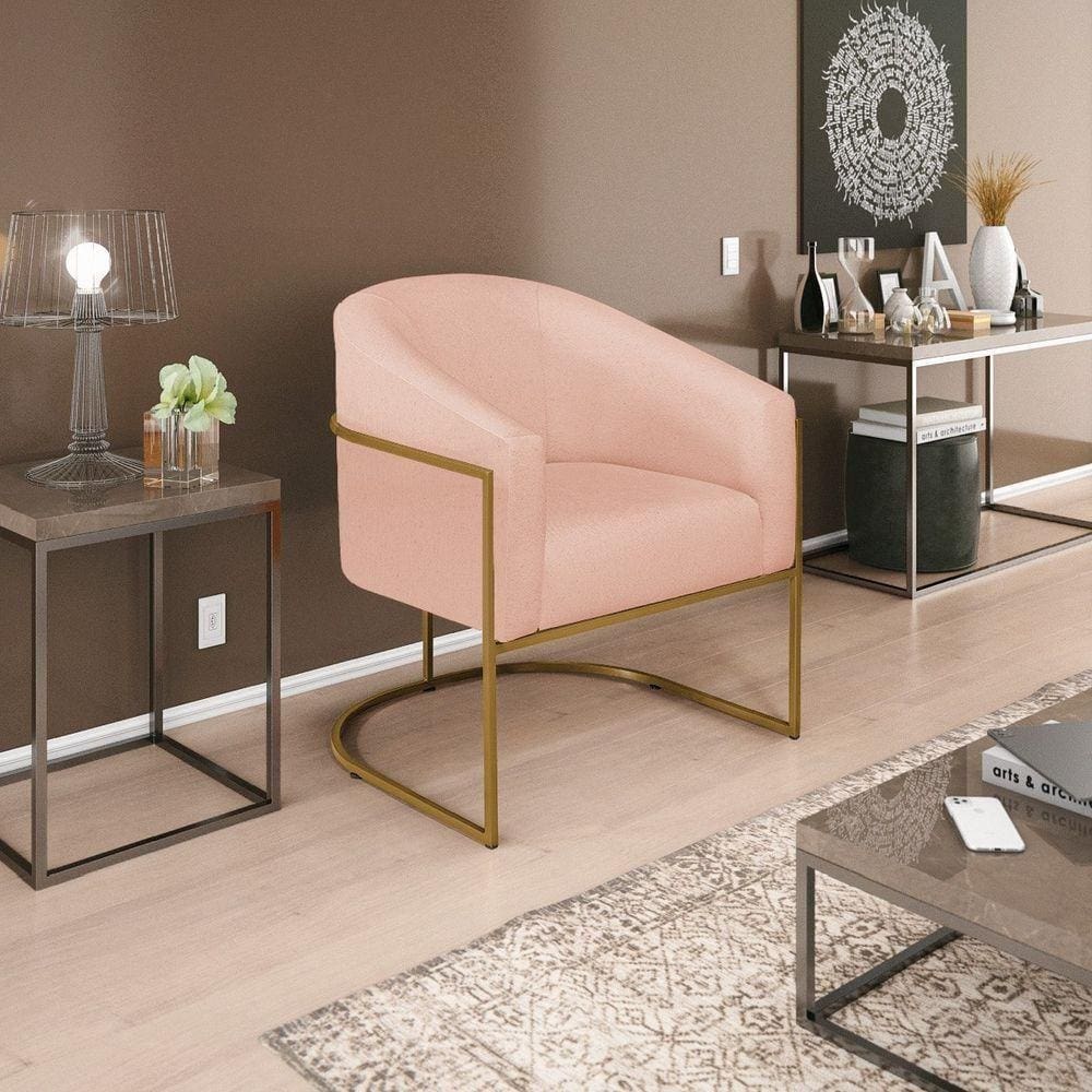 Poltrona Decorativa Luiza Base De Ferro Dourado Suede - Doce Sonho Móveis Rosê