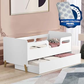 Cama Infantil Com Cama Auxiliar Branco Cecilia VJ Móveis Com 2 Colchões Probel Guarda Costas