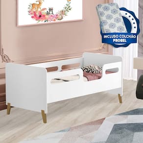 Cama Infantil Com Grade Branco Cecilia VJ Móveis E Colchão Probel Guarda Costas