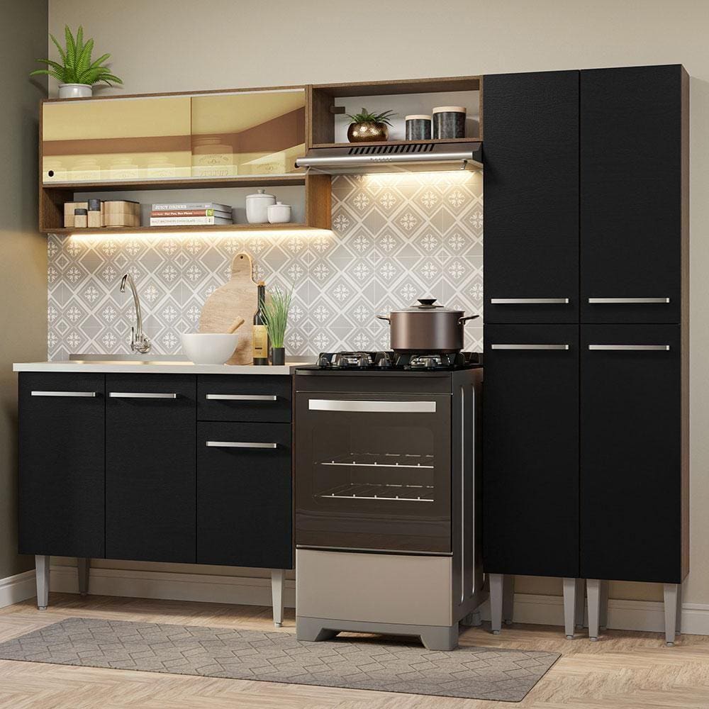 Armário De Cozinha Compacta 229cm Com Pia Rustic/preto Emilly Madesa 11 Rustic/preto