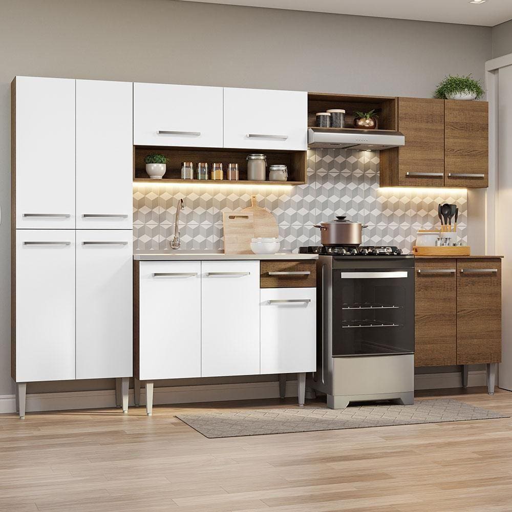 Armário De Cozinha Completa 293cm Com Pia Rustic/branco Emilly Madesa 08 Rustic/branco