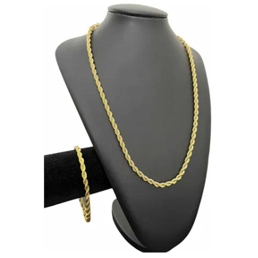 Cordão + Pulseira 5mm Baiano Corda Banhado A Ouro 18k Luxo