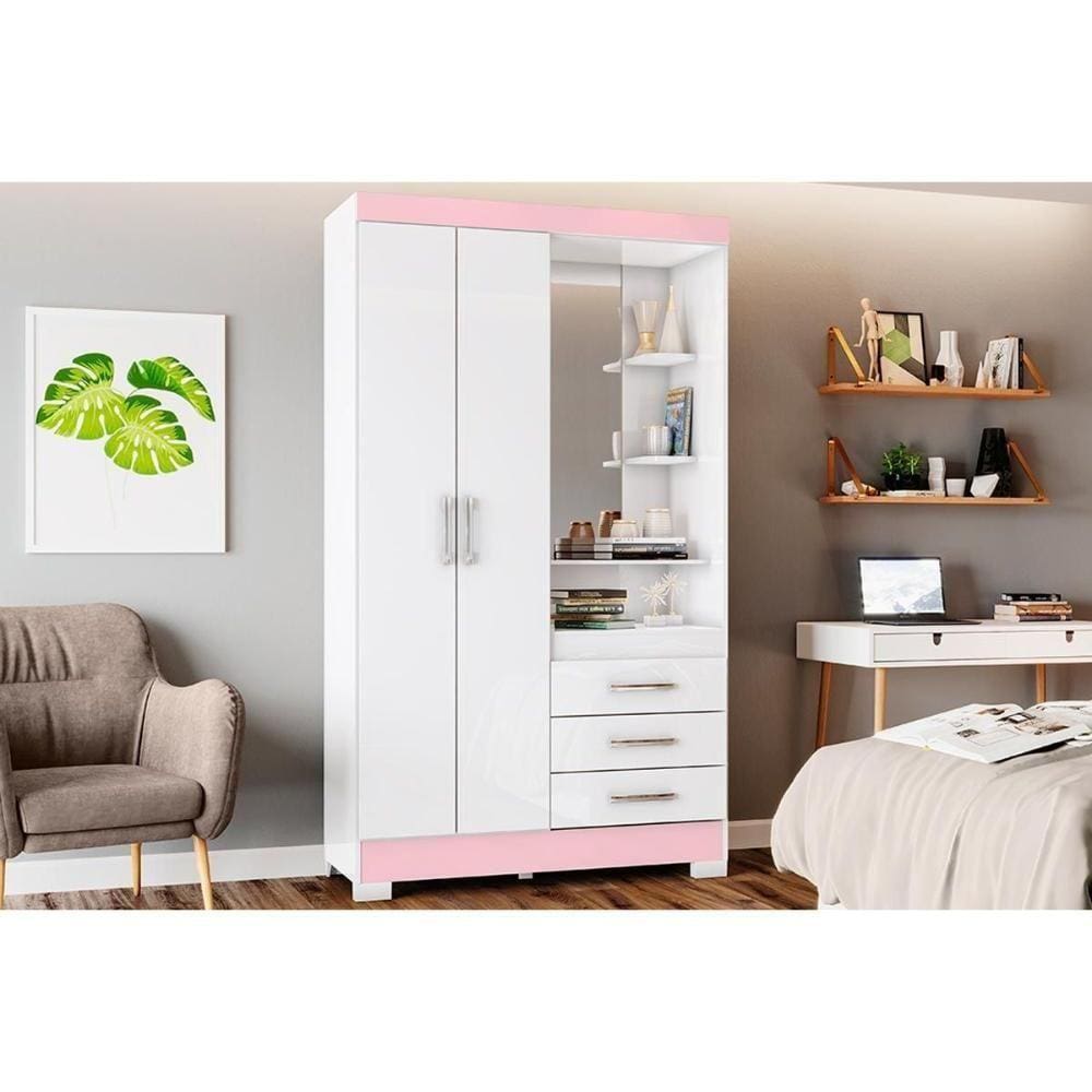 Guarda Roupa 2 Portas E 3 Gavetas C- Espelho Briz B64 Branco-Rosa - Henn