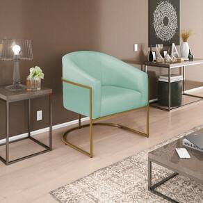 Poltrona Decorativa Luiza Base De Ferro Dourado Suede Azul Tiffany