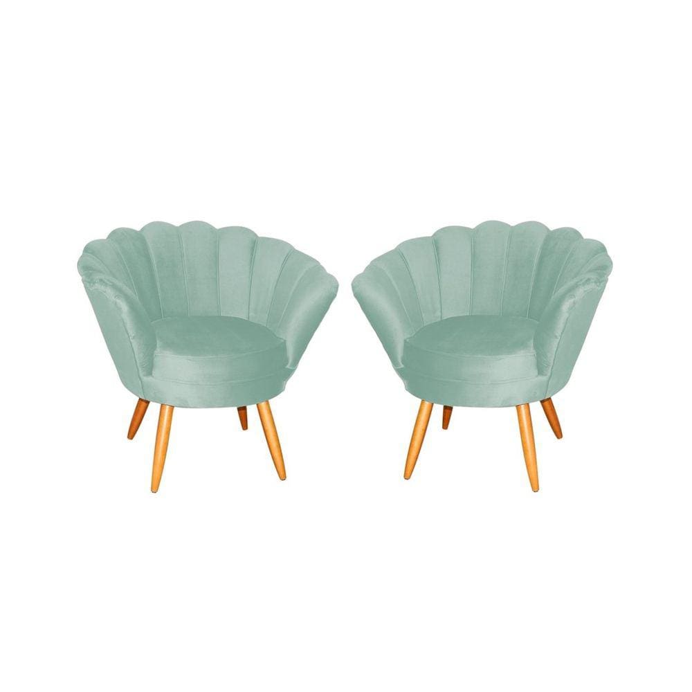 Kit 2 Poltronas Decorativa Pétala Veludo Acqua Pés Madeira Mz Decor