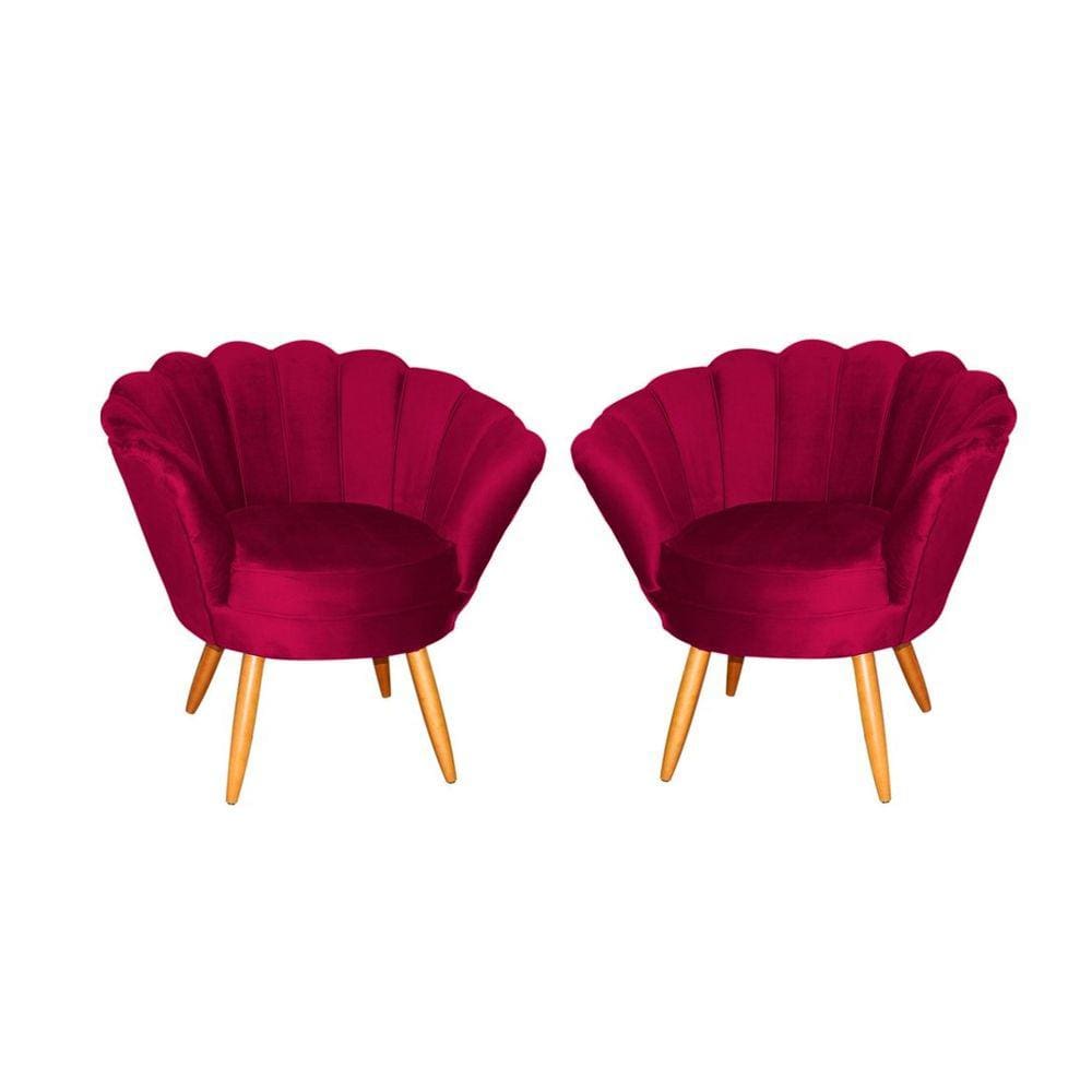 Kit 2 Poltronas Decorativa Pétala Veludo Vermelho Pés Madeira Mz Decor