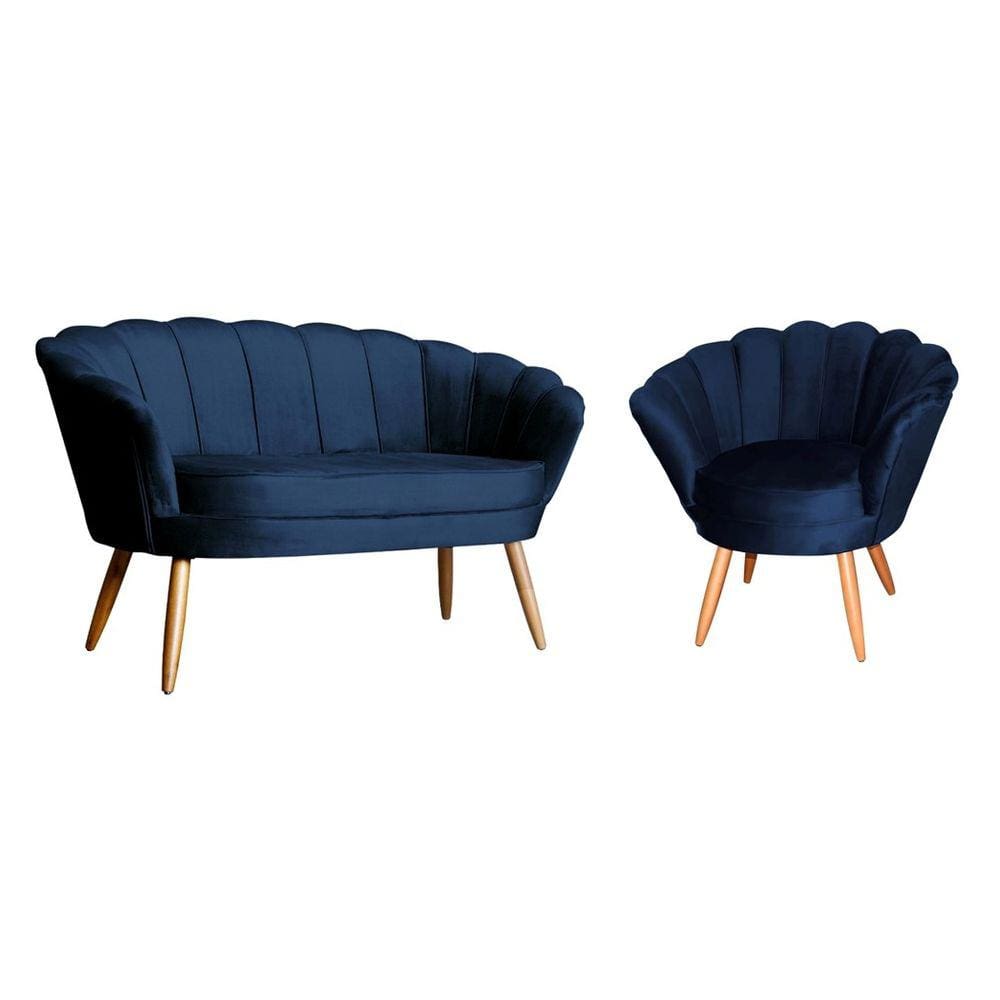 Kit Namoradeira + 1 Poltrona Decorativa Pétala Veludo Azul Marinho Pés Madeira Mz Decor