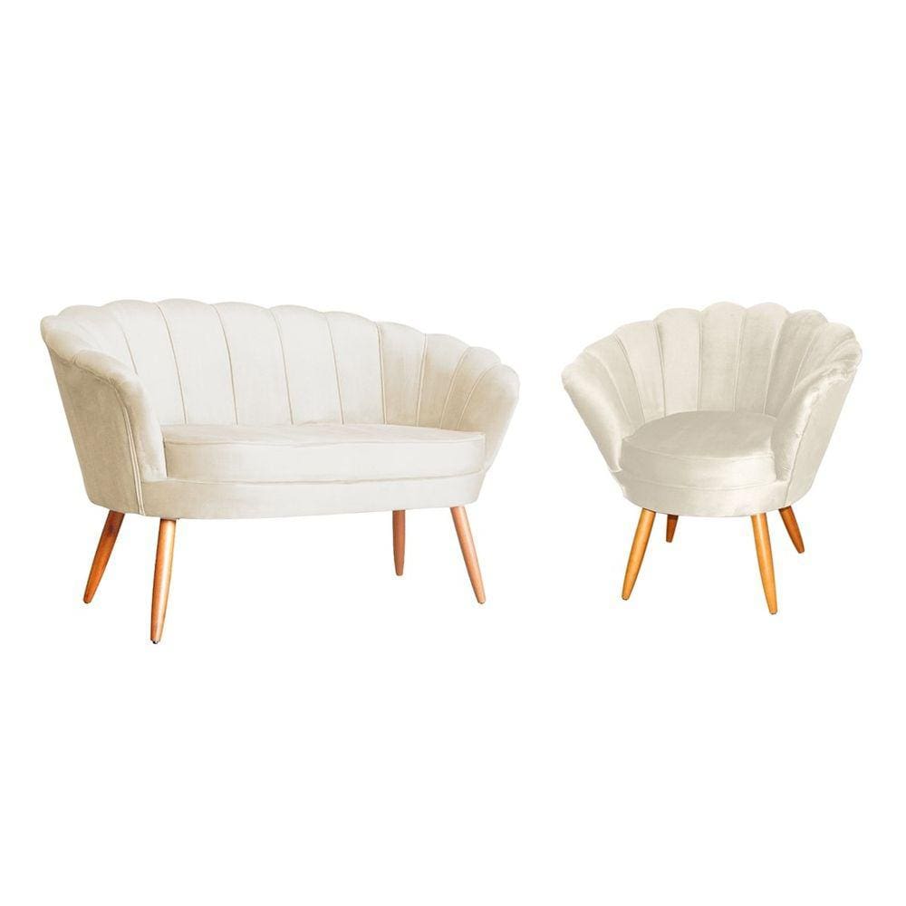 Kit Namoradeira + 1 Poltrona Decorativa Pétala Veludo Bege Pés Madeira Mz Decor