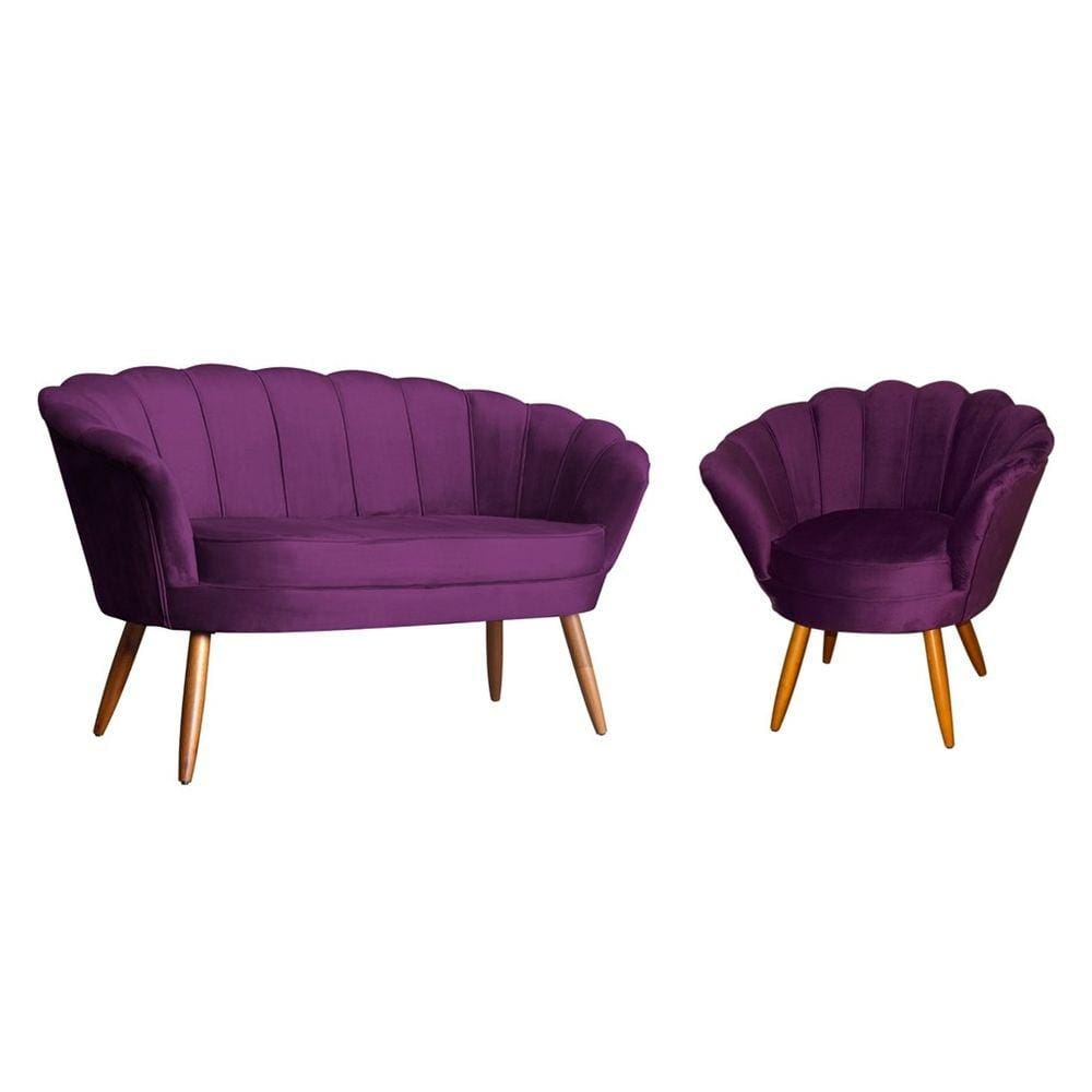 Kit Namoradeira + 1 Poltrona Decorativa Pétala Veludo Roxo Pés Madeira Mz Decor