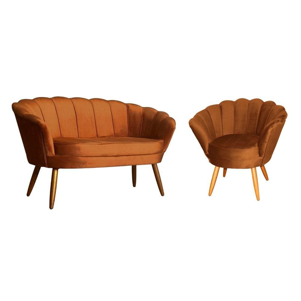 Kit Namoradeira + 1 Poltrona Decorativa Pétala Veludo Terracota Pés Madeira Mz Decor