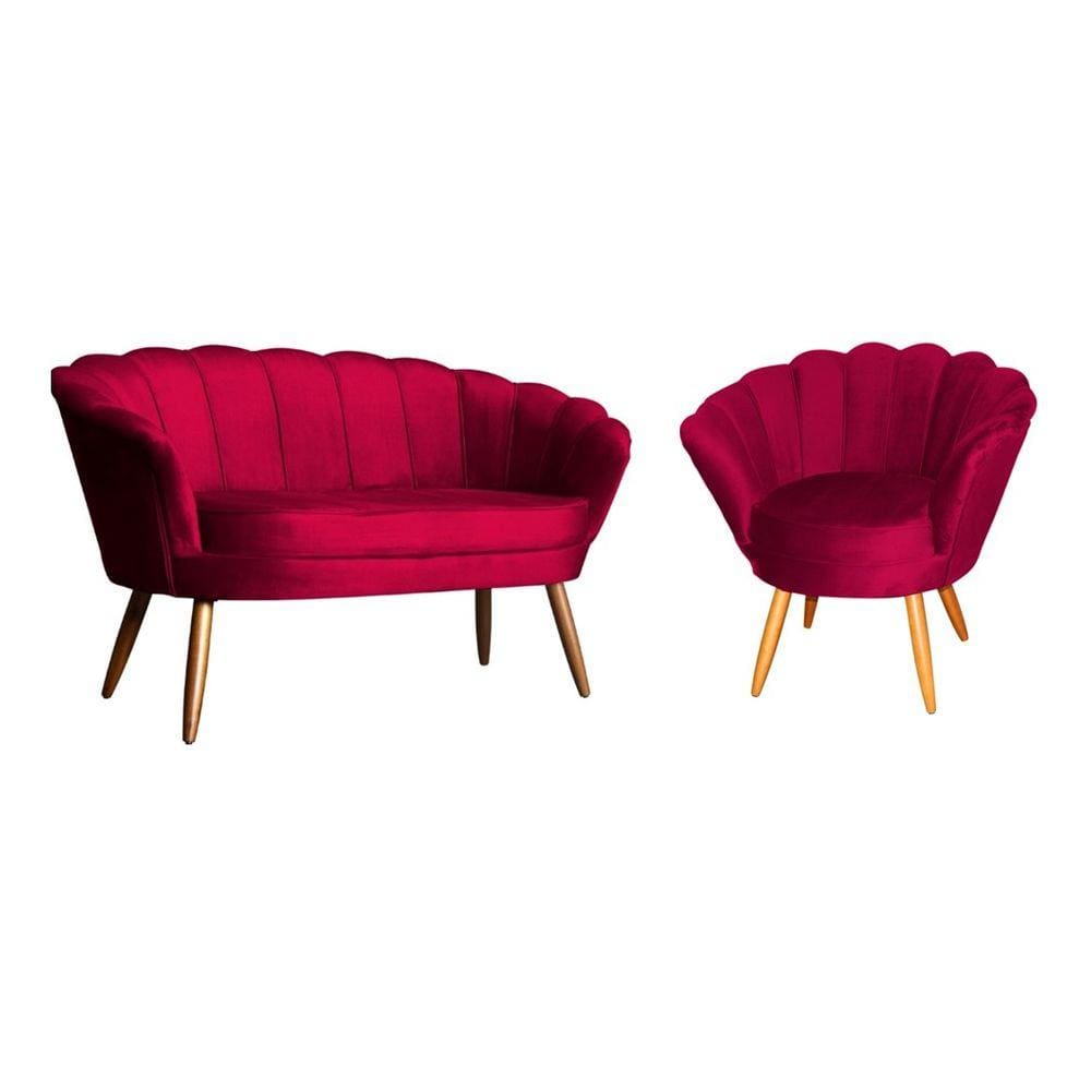 Kit Namoradeira + 1 Poltrona Decorativa Pétala Veludo Vermelho Pés Madeira Mz Decor