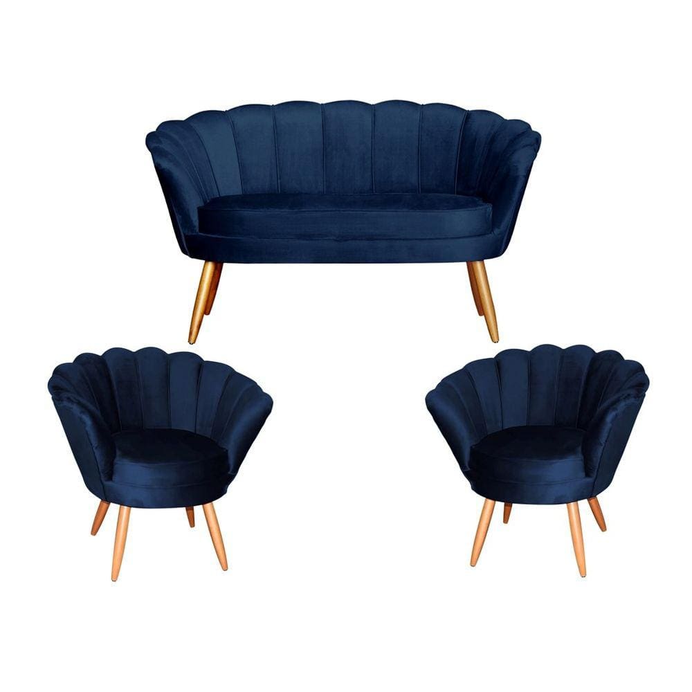 Kit Namoradeira + 2 Poltronas Decorativa Pétala Veludo Azul Marinho Pés Madeira Mz Decor