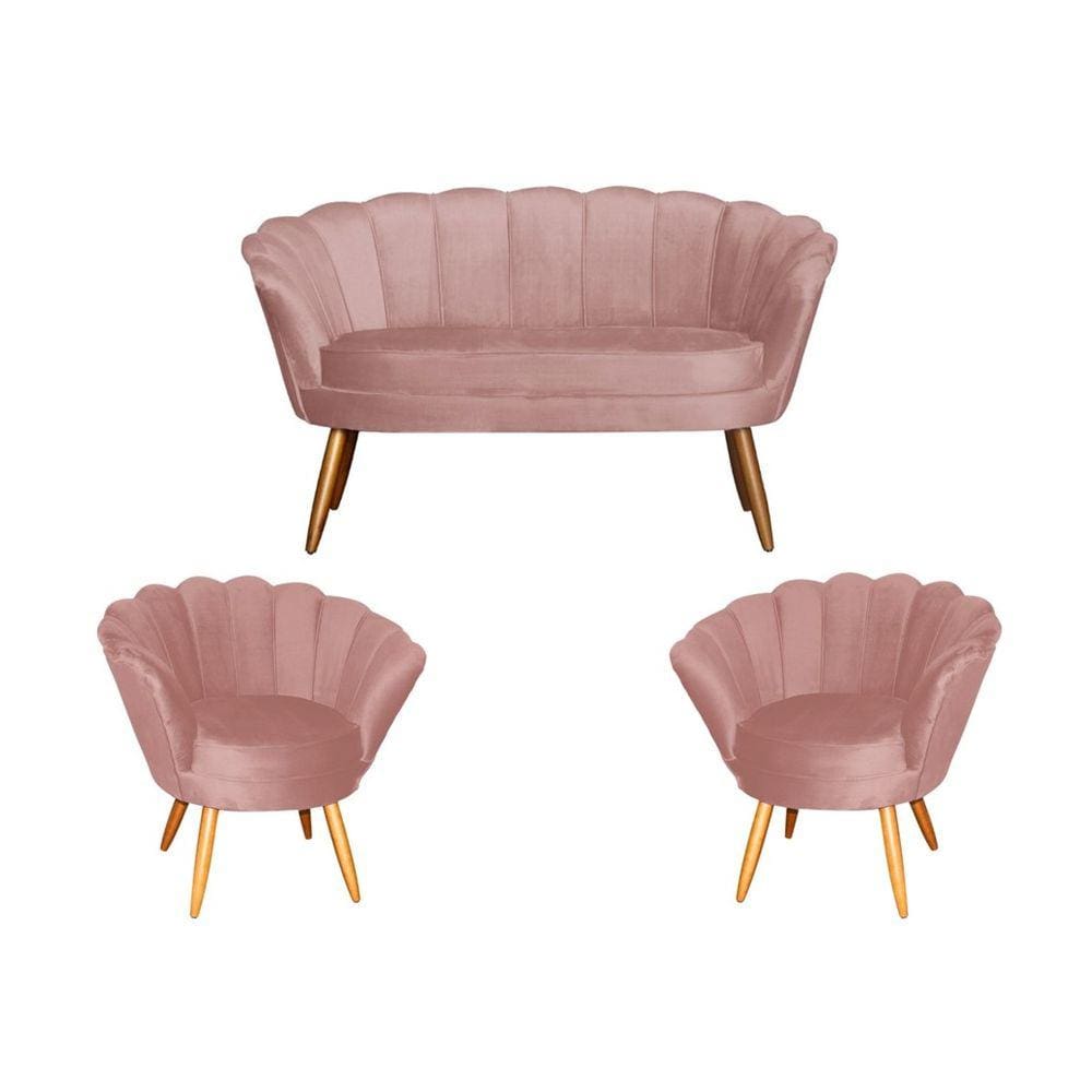 Kit Namoradeira + 2 Poltronas Decorativa Pétala Veludo Rosa Pés Madeira Mz Decor