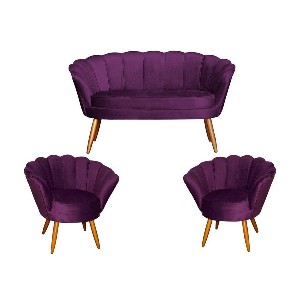 Kit Namoradeira + 2 Poltronas Decorativa Pétala Veludo Roxo Pés Madeira Mz Decor