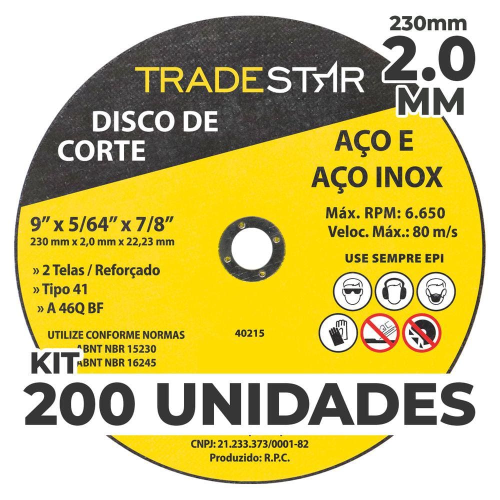 Kit c/ 200 Disco de Corte Metal 9" 230x2,0 mm Furo 22/23 mm
