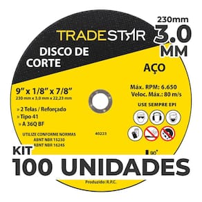 Kit c/ 100 Disco de Corte Metal 9" 230x3,0 mm Furo 22/23 mm