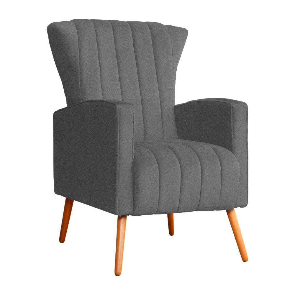 Poltrona Decorativa Melinda Suede Cinza Pés Madeira Mz Decor