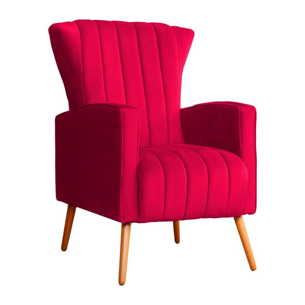 Poltrona Decorativa Melinda Veludo Vermelho Pés Madeira Mz Decor