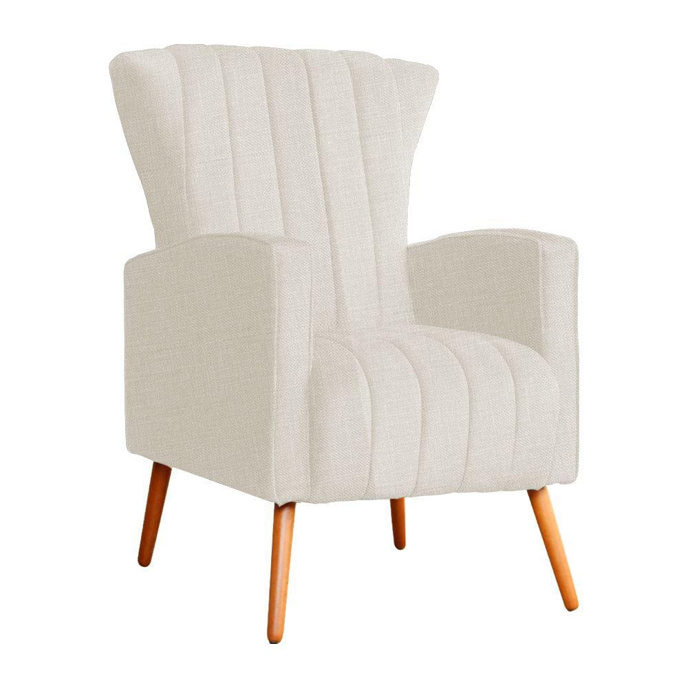 Poltrona Decorativa Melinda Linho Bege Pés Madeira Mz Decor