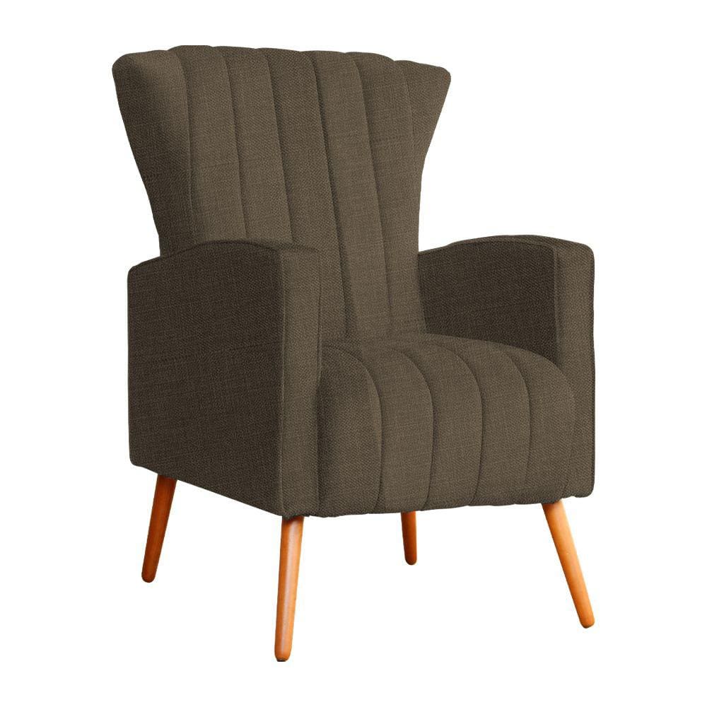 Poltrona Decorativa Melinda Linho Marrom Pés Madeira Mz Decor