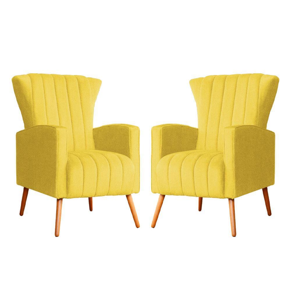Kit 2 Poltronas Decorativa Melinda Suede Amarelo Pés Madeira Mz Decor