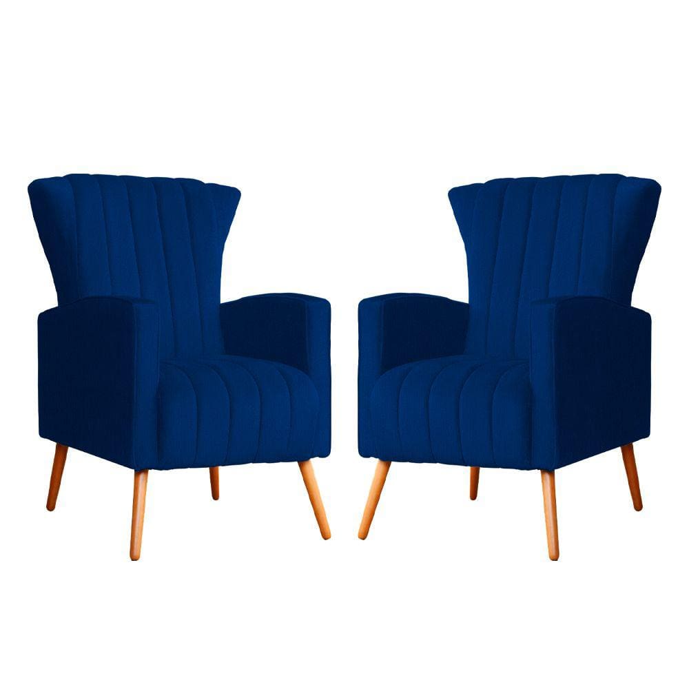 Kit 2 Poltronas Decorativa Melinda Suede Azul Marinho Pés Madeira Mz Decor