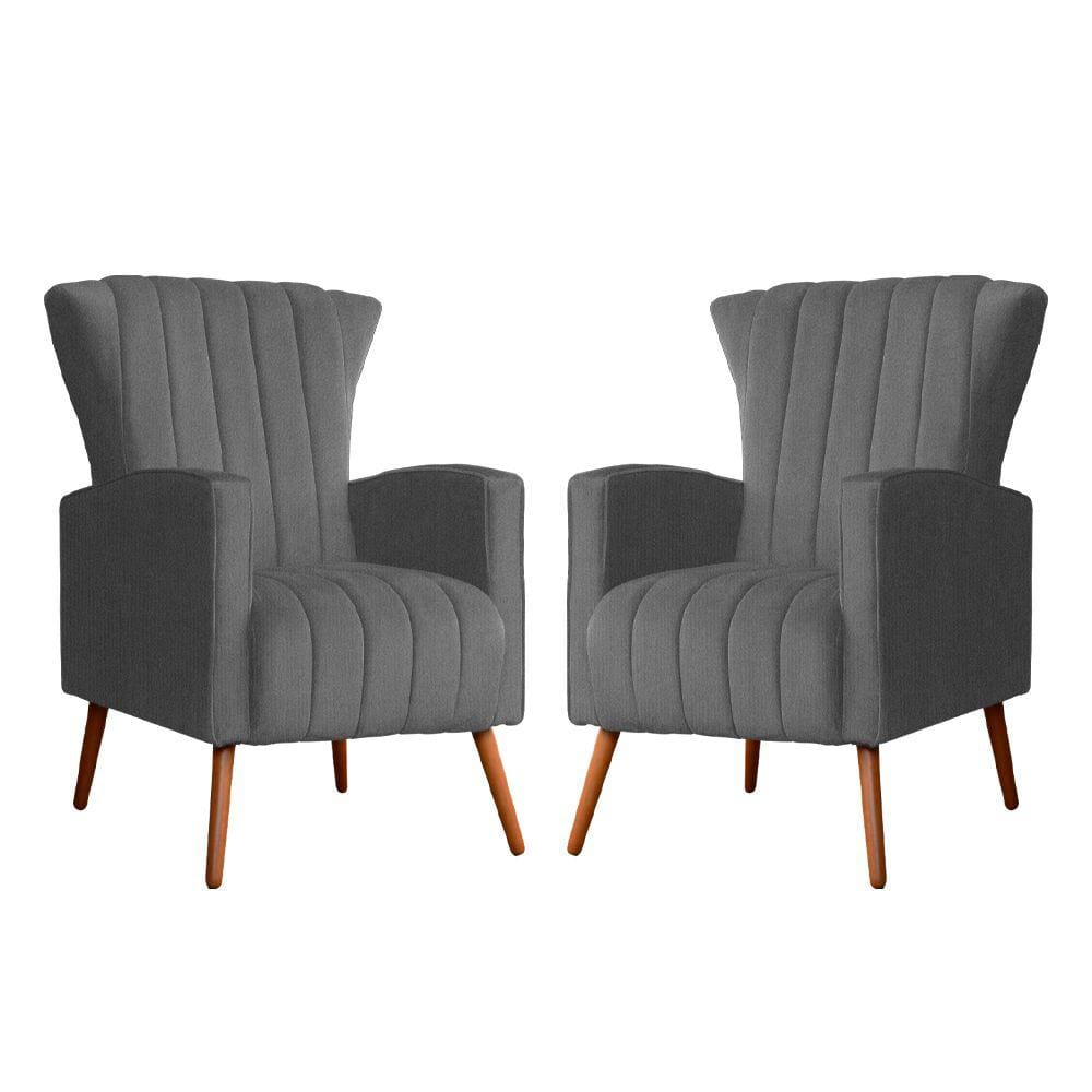 Kit 2 Poltronas Decorativa Melinda Suede Cinza Pés Madeira Mz Decor
