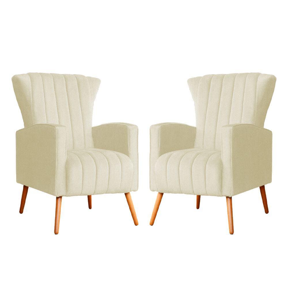 Kit 2 Poltronas Decorativa Melinda Suede Marfim Pés Madeira Mz Decor