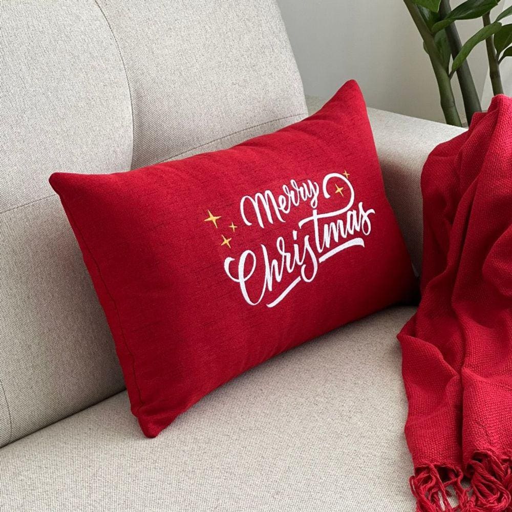 CAPA DE ALMOFADA LINHO RETANGULAR VERMELHO BORDADO MERRY CHRISTMAS 30x50