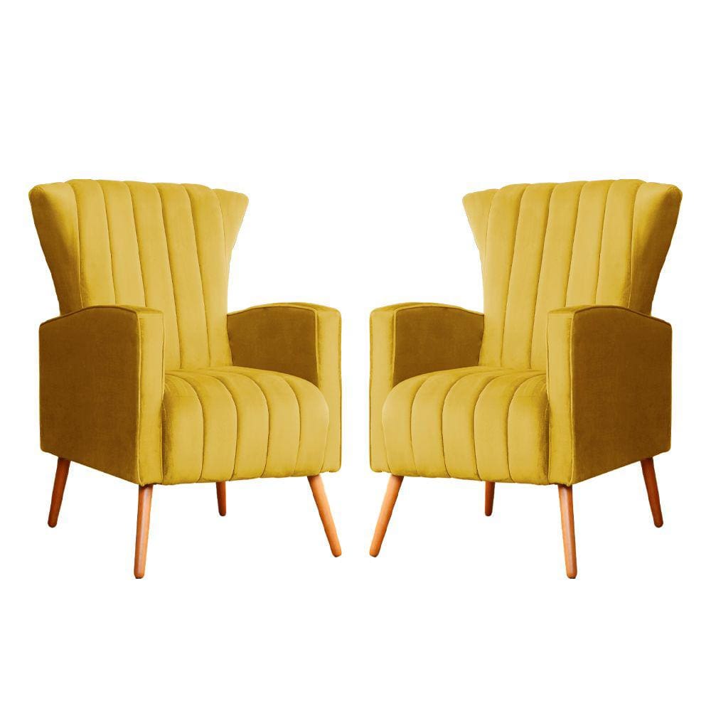 Kit 2 Poltronas Decorativa Melinda Veludo Amarelo Pés Madeira Mz Decor