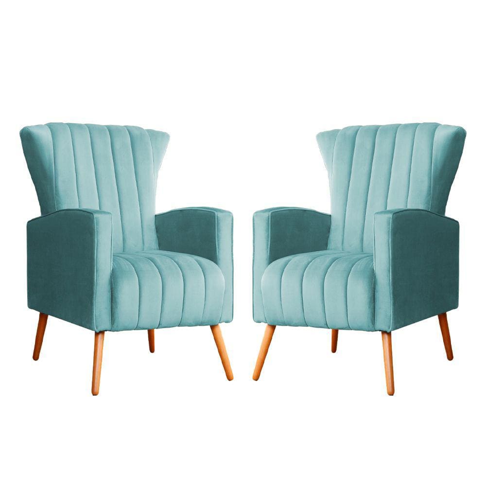 Kit 2 Poltronas Decorativa Melinda Veludo Azul Tiffany Pés Madeira Mz Decor