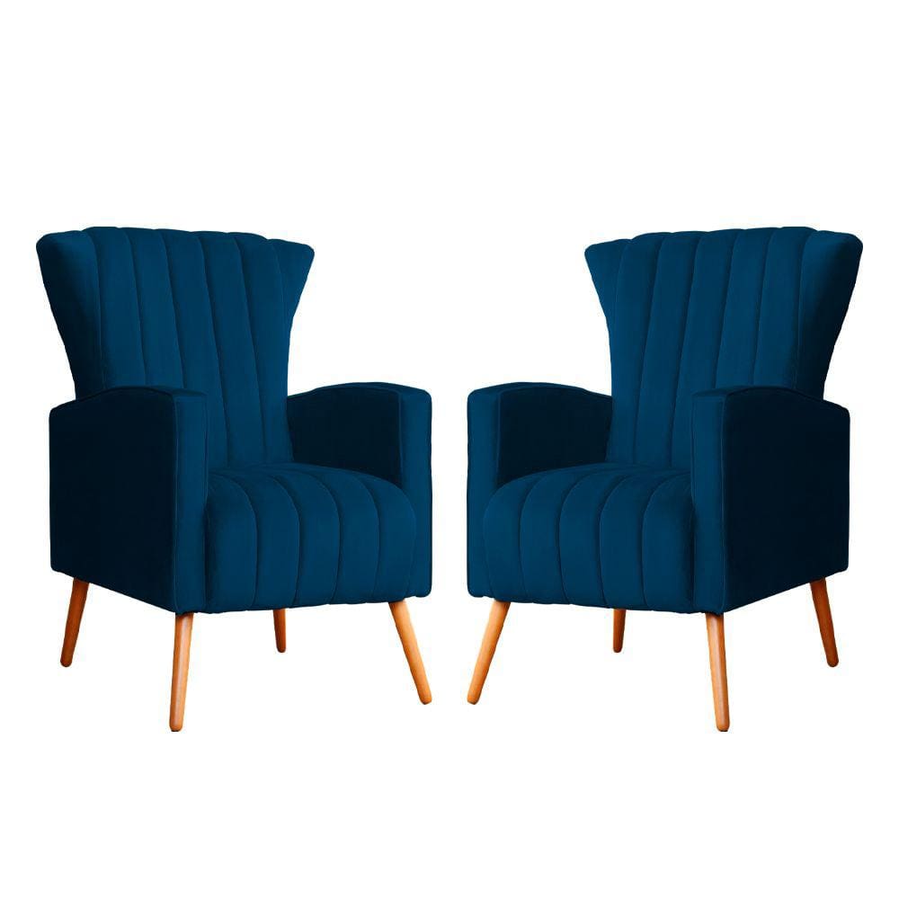 Kit 2 Poltronas Decorativa Melinda Veludo Azul Marinho Pés Madeira Mz Decor