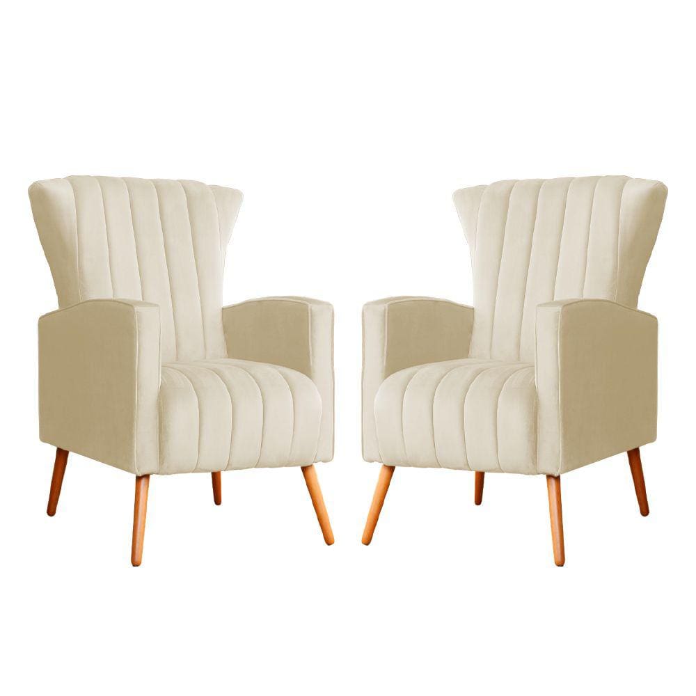 Kit 2 Poltronas Decorativa Melinda Veludo Bege Pés Madeira Mz Decor