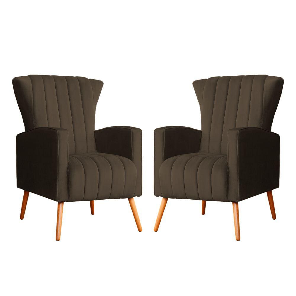 Kit 2 Poltronas Decorativa Melinda Veludo Marrom Pés Madeira Mz Decor