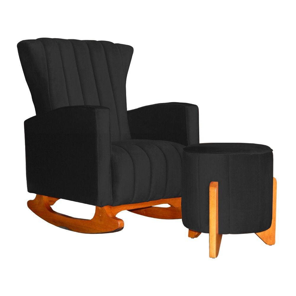 Poltrona Com Balanço E Puff Melinda Suede Preto Mz Decor