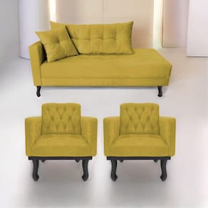 Kit Diva Recamier Azura 140cm Lado Direito e 02 Poltronas Classic Suede Amarelo