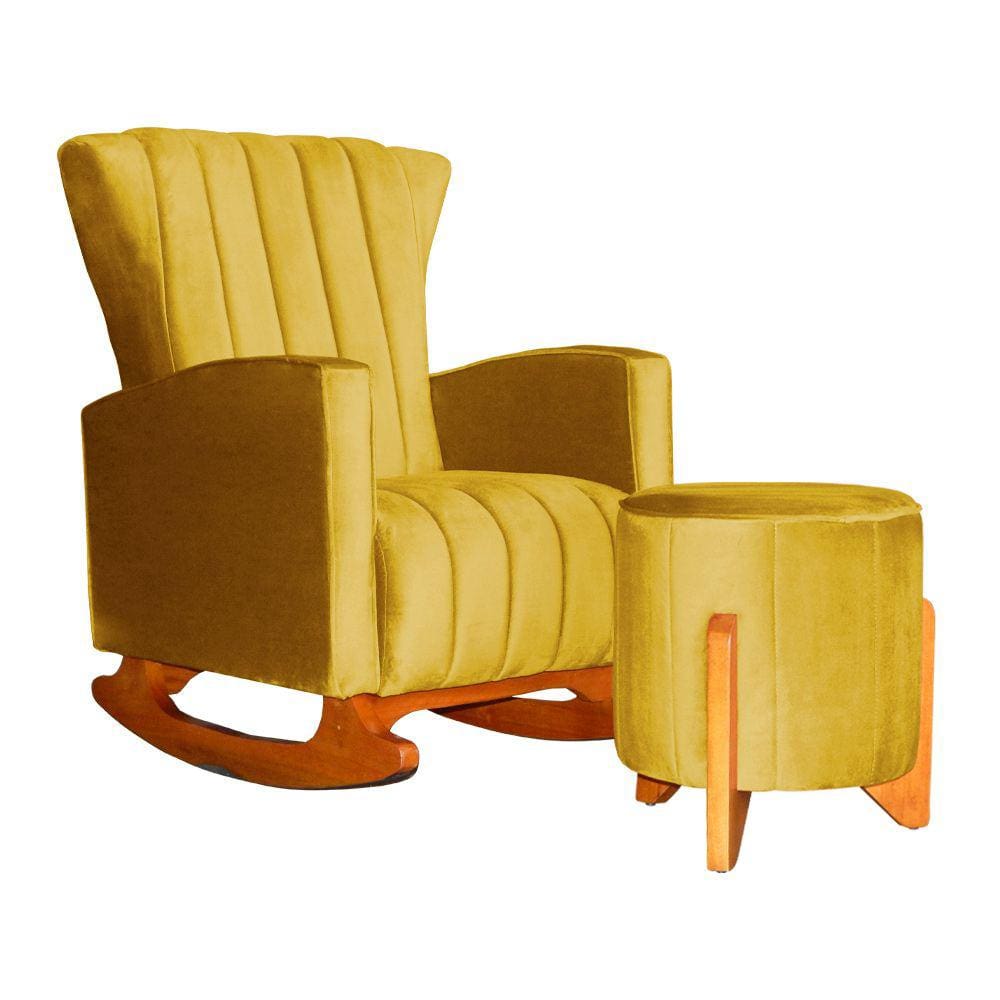 Poltrona Com Balanço E Puff Melinda Veludo Amarelo Mz Decor