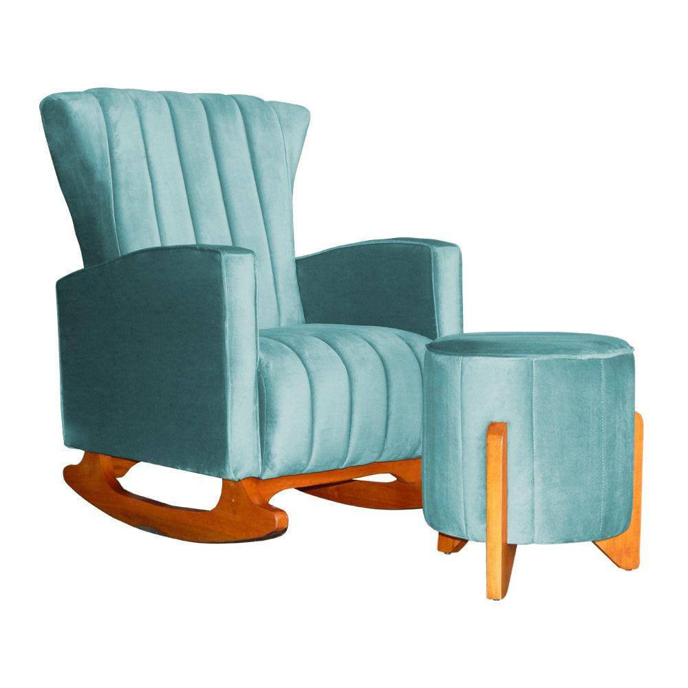 Poltrona Com Balanço E Puff Melinda Veludo Azul Tiffany Mz Decor
