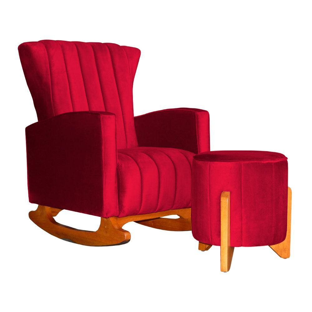 Poltrona Com Balanço E Puff Melinda Veludo Vermelho Mz Decor