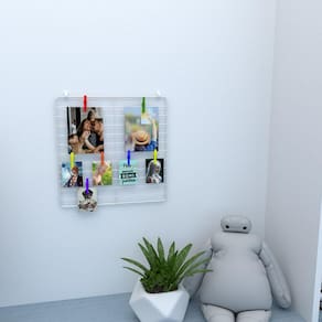 Memory Board Painel de Fotos 30x30 Branco Decoração Mural de Recados Post It + Prendedores + Clips Adesivos