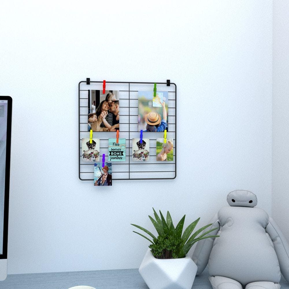 Memory Board Painel de Fotos 30x30 Preto Decoração Mural de Recados Post It + Prendedores + Clips Adesivos