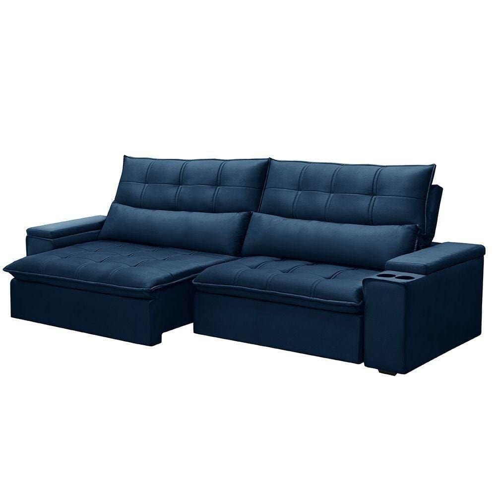 Sofá Retrátil E Reclinável 3 Lugares 230cm Robem Porta Copos No Braço Veludo Azul G22 - Gran Belo