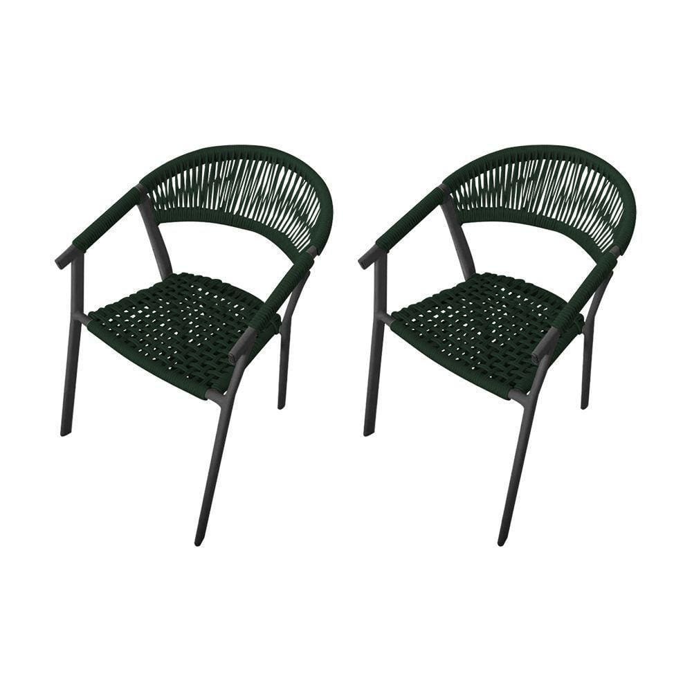Kit 2 Cadeiras Decorativa Joana Em Corda Náutica E Base Em Alumínio Preta - Verde Musgo - Cor: Verde