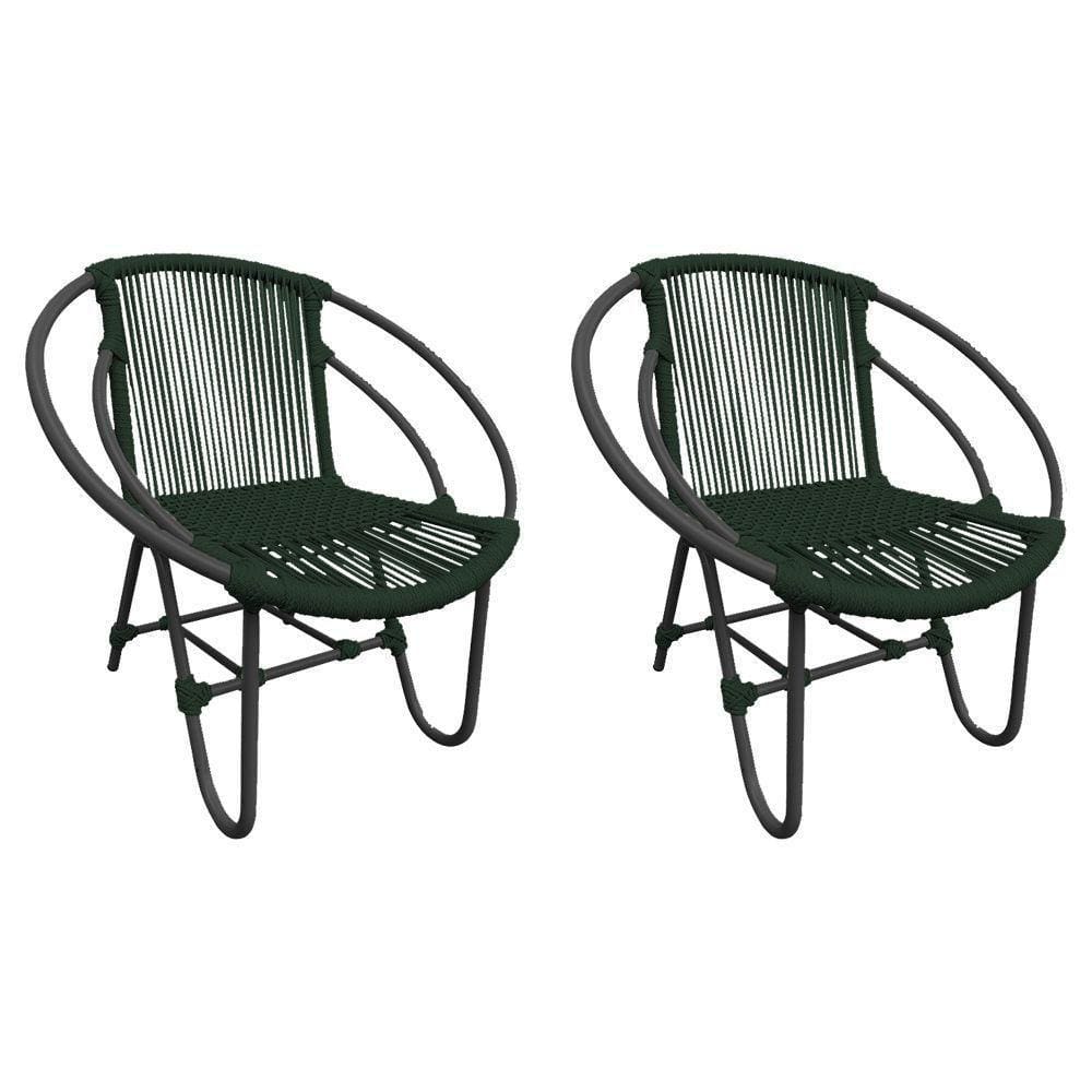 Kit 2 Cadeiras Decorativa Julia Em Corda Náutica E Base Em Alumínio Preta- Verde Musgo - Cor: Verde